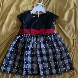 Elegant Kids Dress with Red Bow and Checkered Skirt